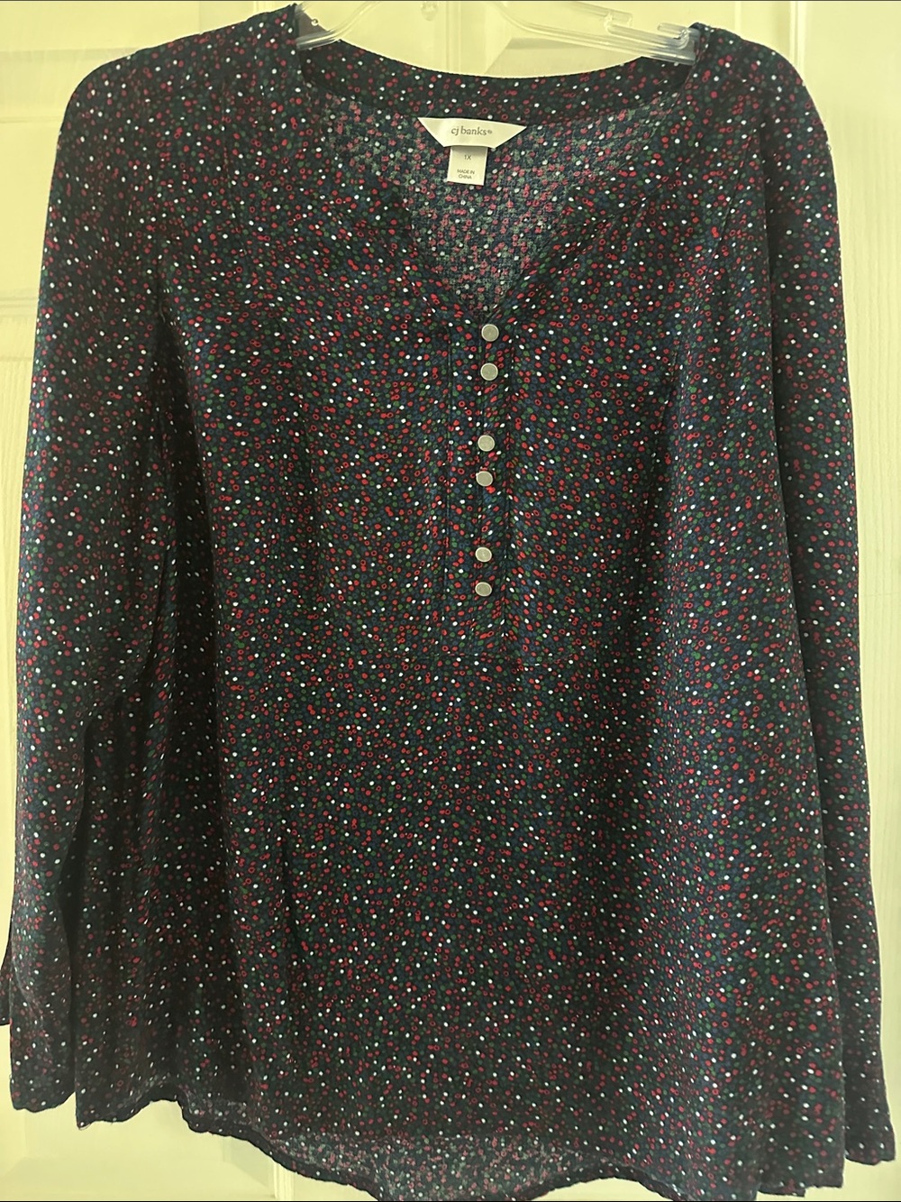 CJ Banks Navy Long-Sleeve Henley with Multicolor Dot Floral Print